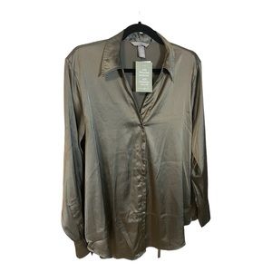 H&M Satin Button-Down Blouse in Olive Green
